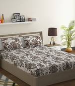 Cotton Blend 120 TC Floral Fitted Double Bed Sheet with 2 Pillow Covers  Brown Off White