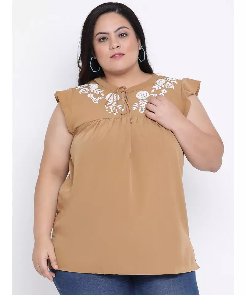 Camel Seventies Embro Plus Size Top