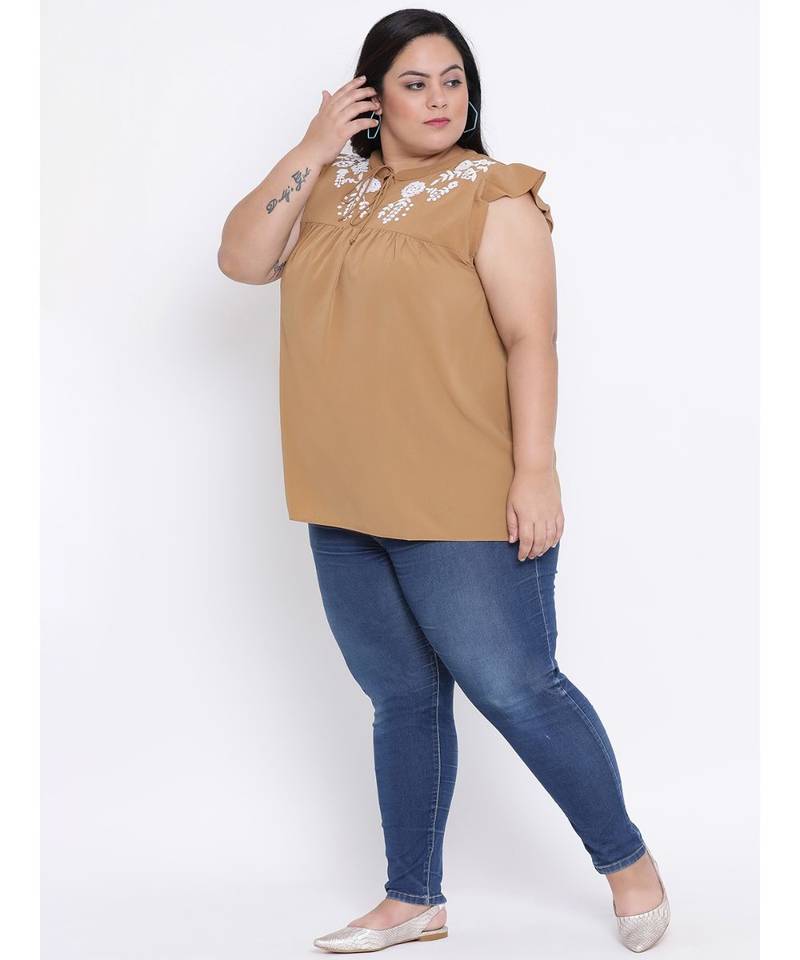 Camel Seventies Embro Plus Size Top