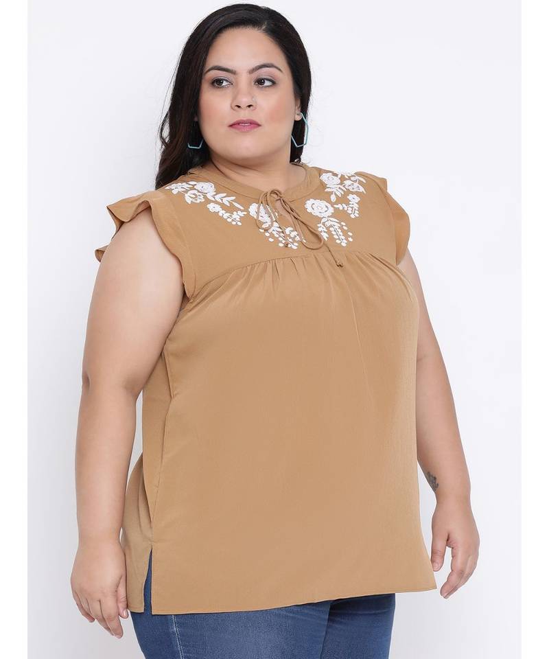 Camel Seventies Embro Plus Size Top