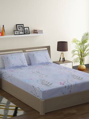 100% Cotton 144 TC Floral Extra Large Bed Sheet with 2 Pillow Covers  Sky Blue Grey 1