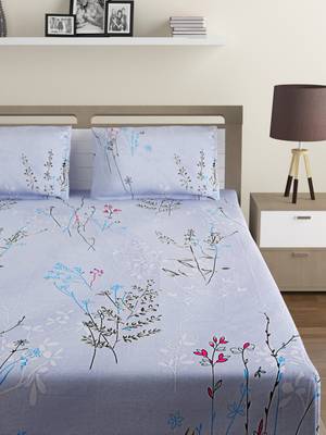 100% Cotton 144 TC Floral Fitted Double Bed Sheet with 2 Pillow Covers  Sky Blue Grey 2