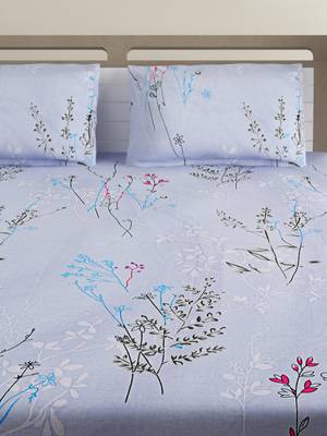 100% Cotton 144 TC Floral Fitted Double Bed Sheet with 2 Pillow Covers  Sky Blue Grey 3