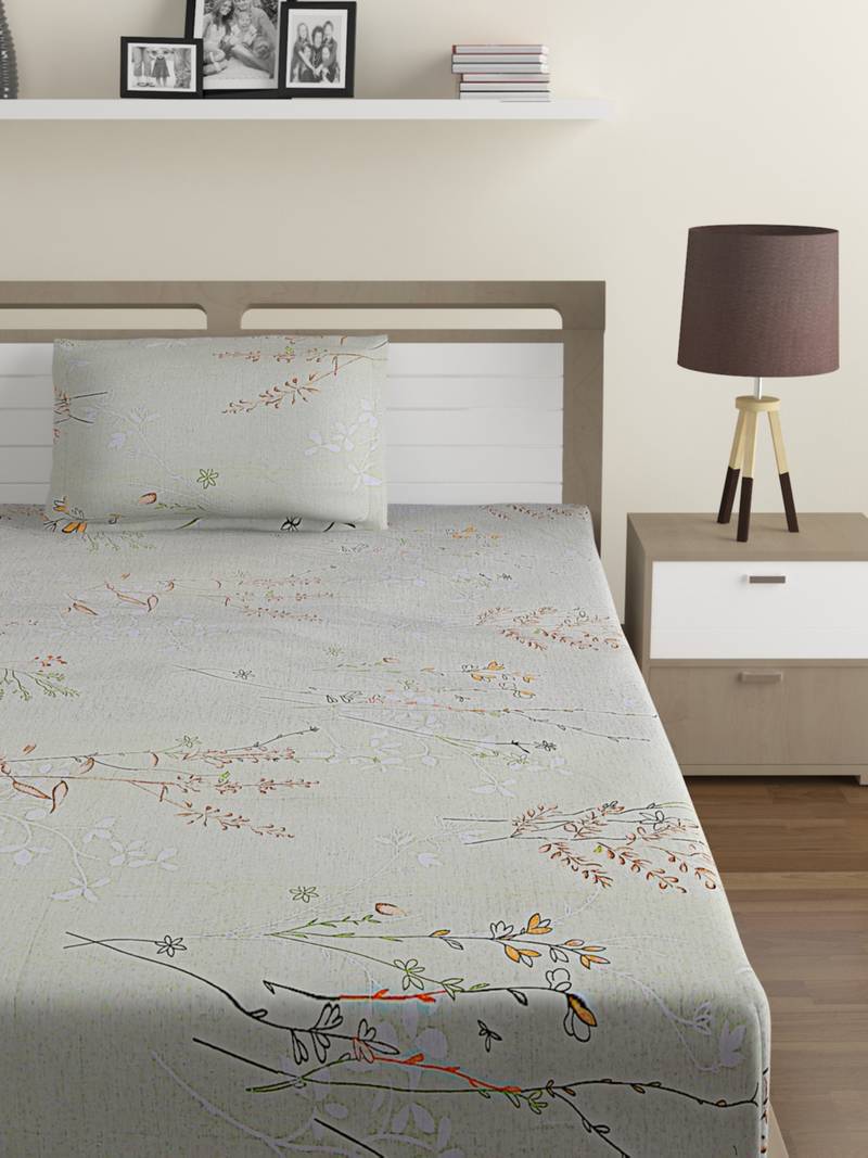 100% Cotton 144 TC Floral Single Bed Sheet with 1 Pillow Cover  Beige Red