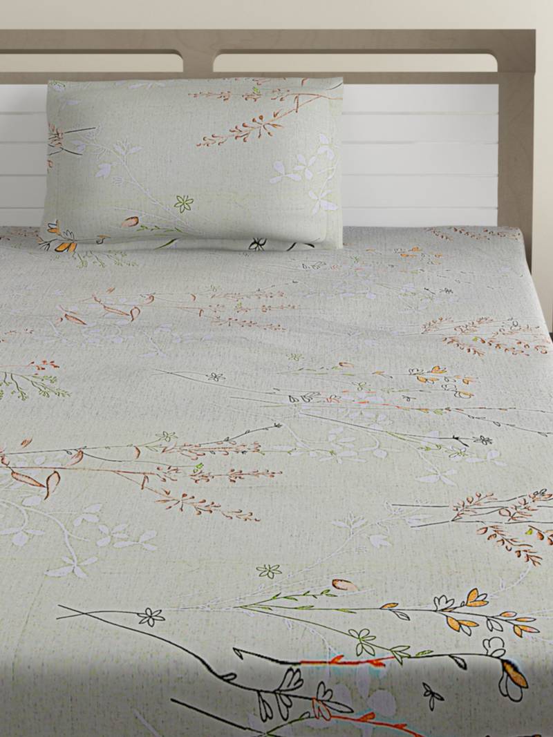 100% Cotton 144 TC Floral Single Bed Sheet with 1 Pillow Cover  Beige Red