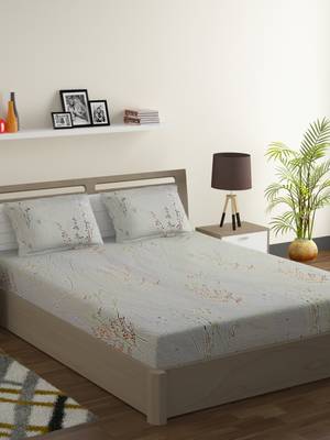 100% Cotton 144 TC Floral Double Bed Sheet with 2 Pillow Covers  Beige Red 1