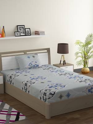 100% Cotton 144 TC Geometric Single Bed Sheet with 1 Pillow Cover  Blue Off White 1