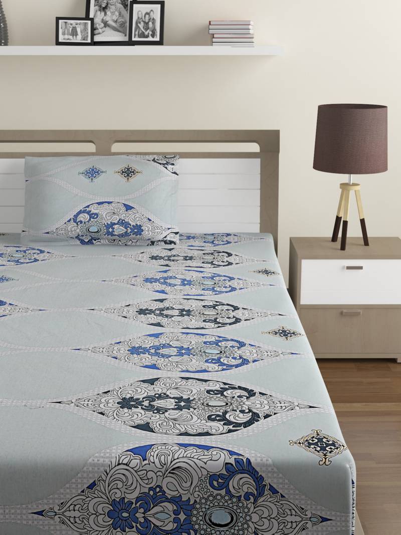 100% Cotton 144 TC Geometric Single Bed Sheet with 1 Pillow Cover  Blue Off White
