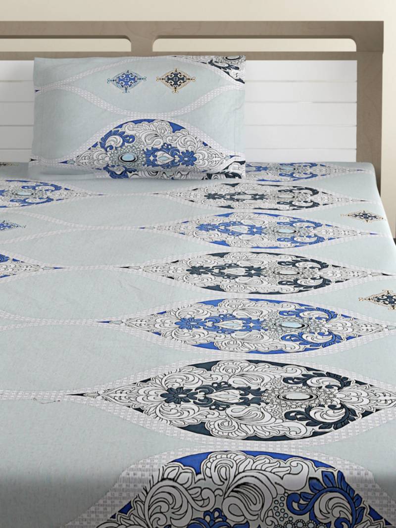 100% Cotton 144 TC Geometric Single Bed Sheet with 1 Pillow Cover  Blue Off White