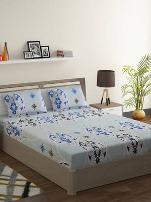 100% Cotton 144 TC Geometric Double Bed Sheet with 2 Pillow Covers  Blue Off White 1