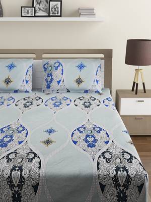 100% Cotton 144 TC Geometric Double Bed Sheet with 2 Pillow Covers  Blue Off White 2