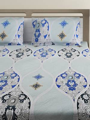 100% Cotton 144 TC Geometric Double Bed Sheet with 2 Pillow Covers  Blue Off White 3