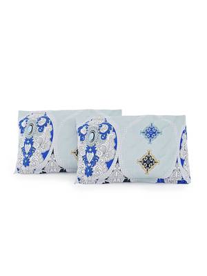 100% Cotton 144 TC Geometric Double Bed Sheet with 2 Pillow Covers  Blue Off White 4