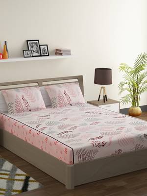 100% Cotton 144 TC Floral Extra Large Bed Sheet with 2 Pillow Covers  Pink Off White 1