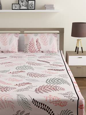 100% Cotton 144 TC Floral Extra Large Bed Sheet with 2 Pillow Covers  Pink Off White 2