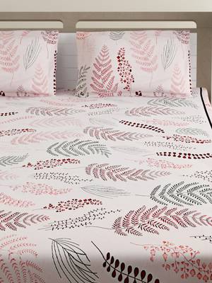 100% Cotton 144 TC Floral Extra Large Bed Sheet with 2 Pillow Covers  Pink Off White 3