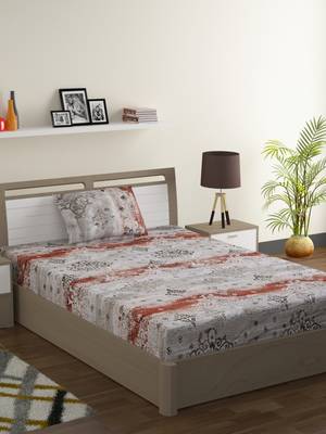 100% Cotton 144 TC Printed Single Bed Sheet with 1 Pillow Cover  Grey Red 1