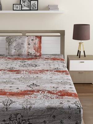 100% Cotton 144 TC Printed Single Bed Sheet with 1 Pillow Cover  Grey Red 2