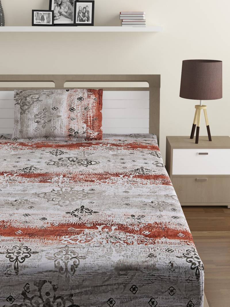 100% Cotton 144 TC Printed Single Bed Sheet with 1 Pillow Cover  Grey Red