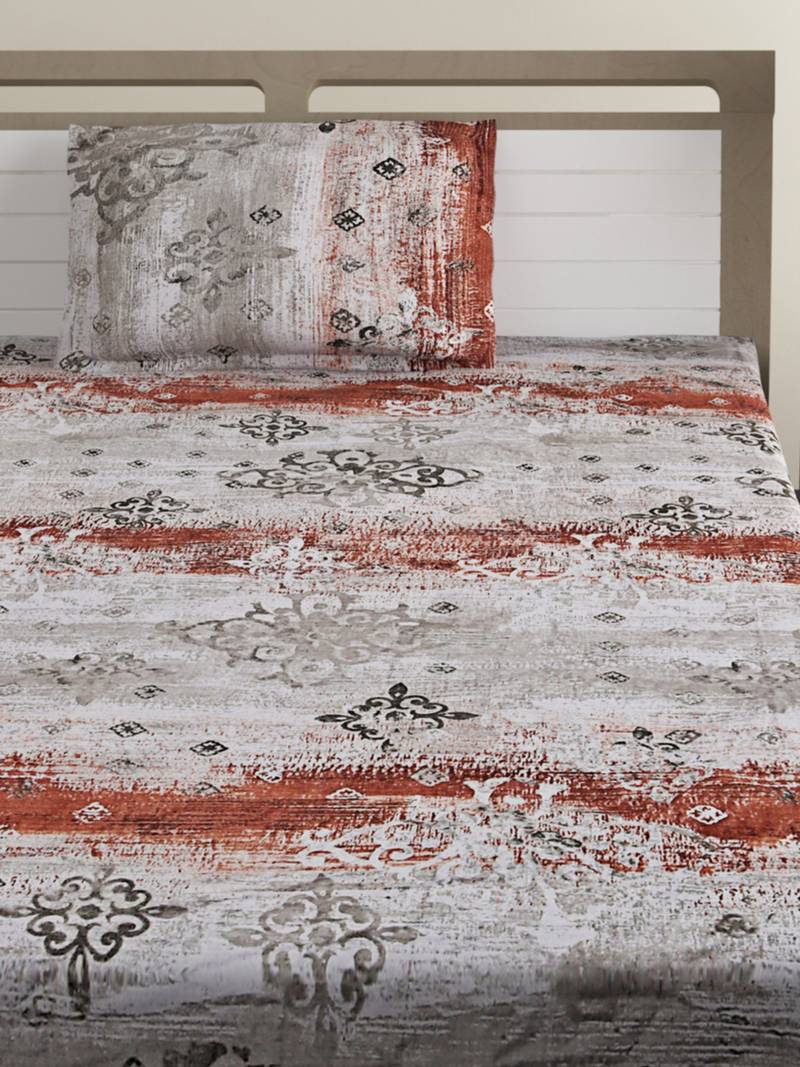 100% Cotton 144 TC Printed Single Bed Sheet with 1 Pillow Cover  Grey Red