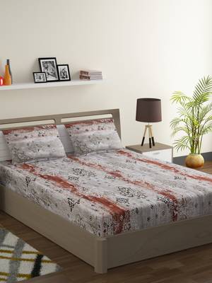 100% Cotton 144 TC Printed Fitted Double Bed Sheet with 2 Pillow Covers  Grey Red 1