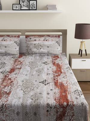 100% Cotton 144 TC Printed Fitted Double Bed Sheet with 2 Pillow Covers  Grey Red 2