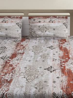 100% Cotton 144 TC Printed Fitted Double Bed Sheet with 2 Pillow Covers  Grey Red 3