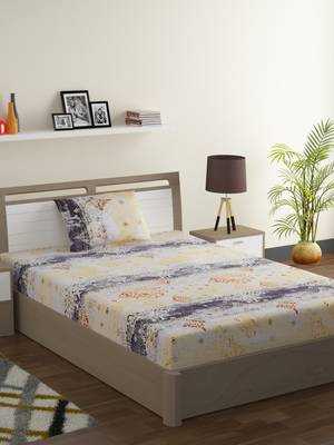 100% Cotton 144 TC Printed Single Bed Sheet with 1 Pillow Cover  Yellow  Grey 1