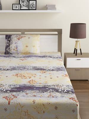100% Cotton 144 TC Printed Single Bed Sheet with 1 Pillow Cover  Yellow  Grey 2