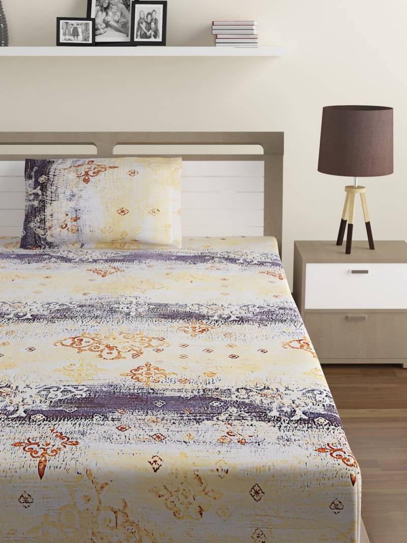 100% Cotton 144 TC Printed Single Bed Sheet with 1 Pillow Cover  Yellow  Grey
