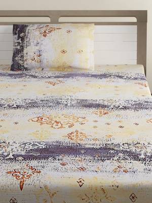 100% Cotton 144 TC Printed Single Bed Sheet with 1 Pillow Cover  Yellow  Grey 3