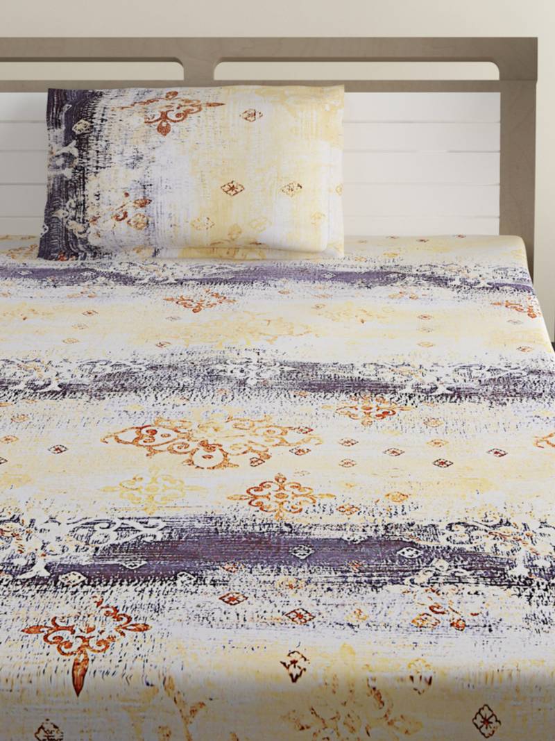 100% Cotton 144 TC Printed Single Bed Sheet with 1 Pillow Cover  Yellow  Grey