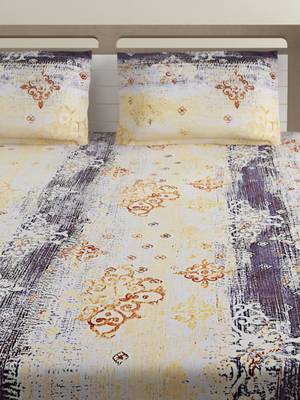 100% Cotton 144 TC Printed Extra Large Bed Sheet with 2 Pillow Covers  Yellow  Grey 3