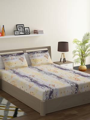 100% Cotton 144 TC Printed Fitted Double Bed Sheet with 2 Pillow Covers  Yellow  Grey 1