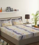 100% Cotton 144 TC Printed Fitted Double Bed Sheet with 2 Pillow Covers  Yellow  Grey