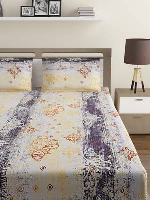 100% Cotton 144 TC Printed Fitted Double Bed Sheet with 2 Pillow Covers  Yellow  Grey 2