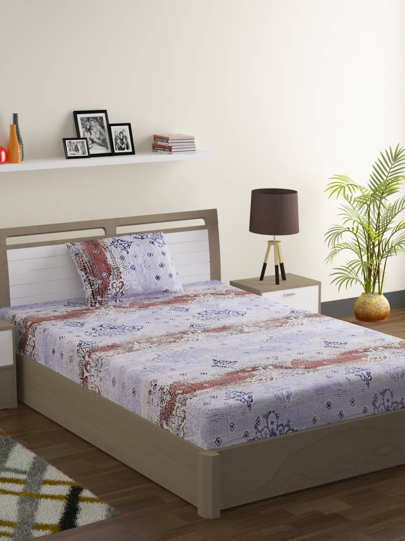 100% Cotton 144 TC Printed Single Bed Sheet with 1 Pillow Cover  Blue Pink