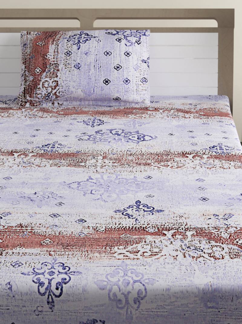 100% Cotton 144 TC Printed Single Bed Sheet with 1 Pillow Cover  Blue Pink