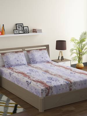 100% Cotton 144 TC Printed Double Bed Sheet with 2 Pillow Covers  Blue Pink 1