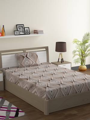 Premium 100% Cotton 200 TC Geometric Single Bed Sheet with 1 Pillow Cover  Off White Brown 1