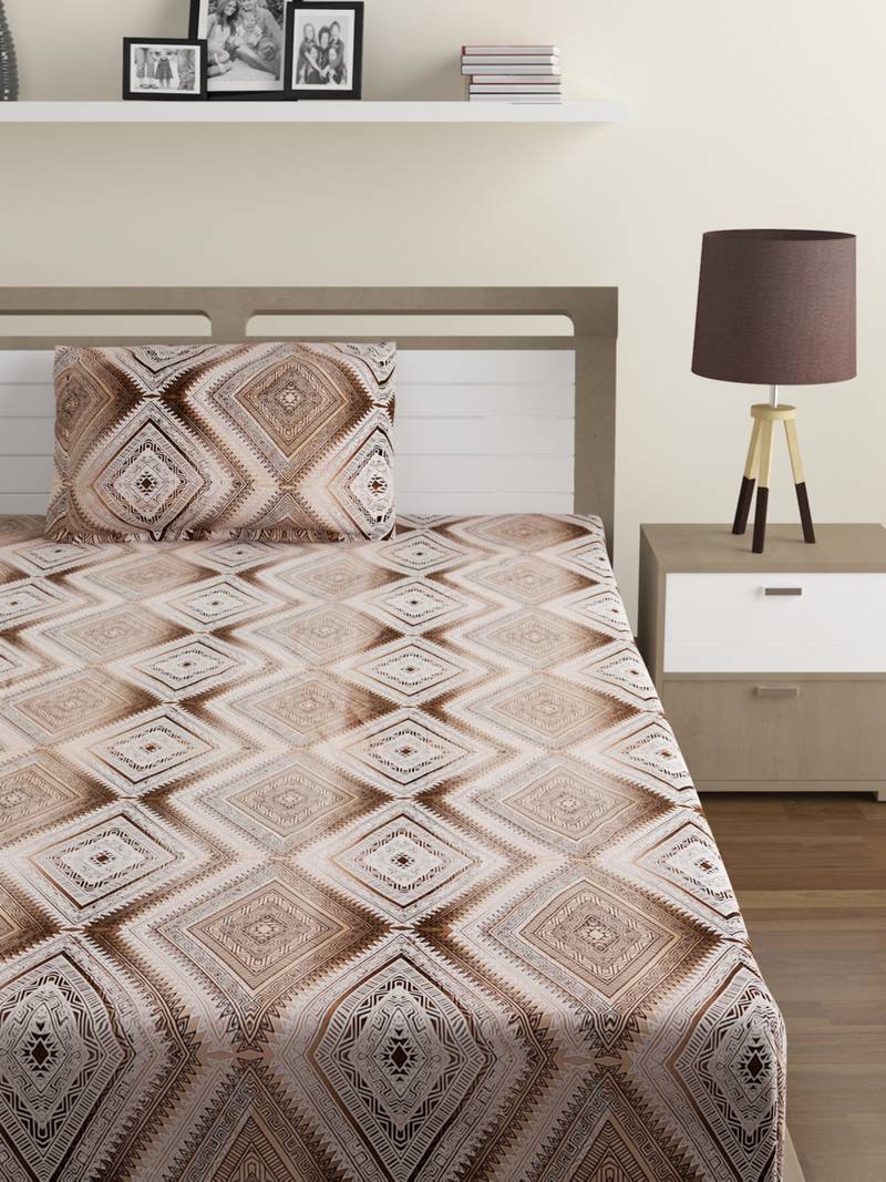 Premium 100% Cotton 200 TC Geometric Single Bed Sheet with 1 Pillow Cover  Off White Brown