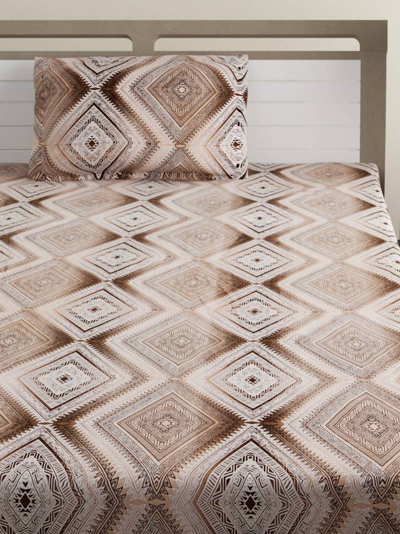 Premium 100% Cotton 200 TC Geometric Single Bed Sheet with 1 Pillow Cover  Off White Brown