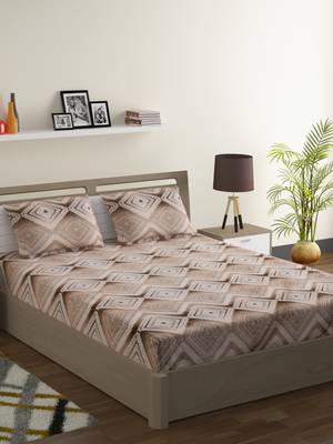 Premium 100% Cotton 200 TC Geometric Fitted Double Bed Sheet with 2 Pillow Covers  Off White Brown 1