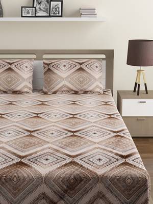 Premium 100% Cotton 200 TC Geometric Fitted Double Bed Sheet with 2 Pillow Covers  Off White Brown 2