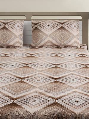 Premium 100% Cotton 200 TC Geometric Fitted Double Bed Sheet with 2 Pillow Covers  Off White Brown 3