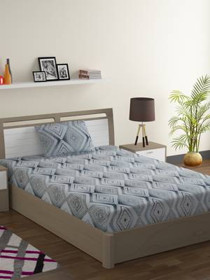 Premium 100% Cotton 200 TC Geometric Single Bed Sheet with 1 Pillow Cover  Blue Off White 1