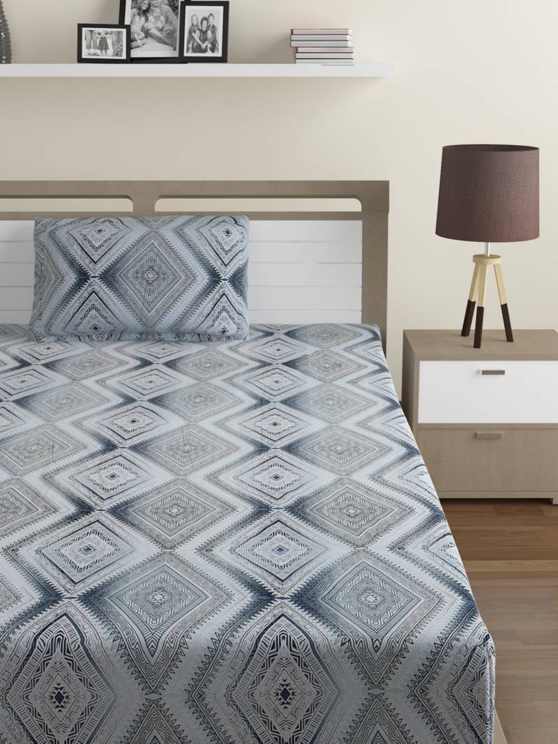 Premium 100% Cotton 200 TC Geometric Single Bed Sheet with 1 Pillow Cover  Blue Off White