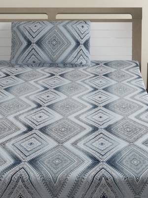 Premium 100% Cotton 200 TC Geometric Single Bed Sheet with 1 Pillow Cover  Blue Off White 3