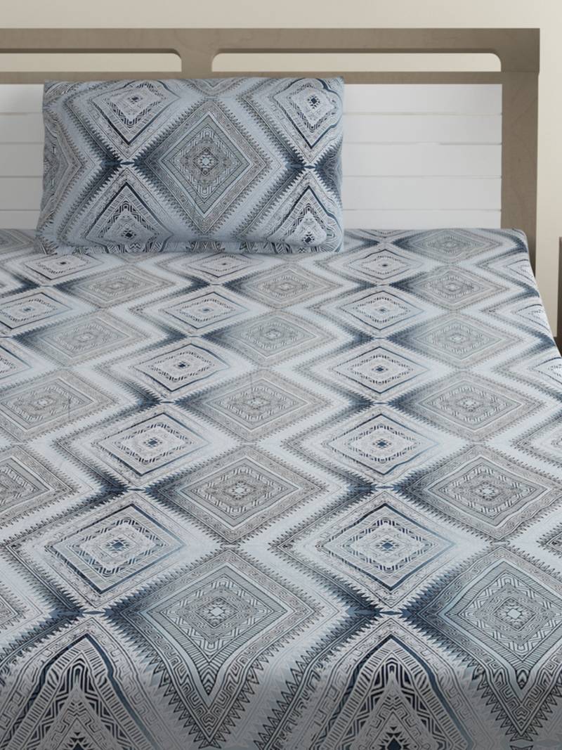Premium 100% Cotton 200 TC Geometric Single Bed Sheet with 1 Pillow Cover  Blue Off White
