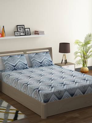 Premium 100% Cotton 200 TC Geometric Extra Large Bed Sheet with 2 Pillow Covers  Blue Off White 1